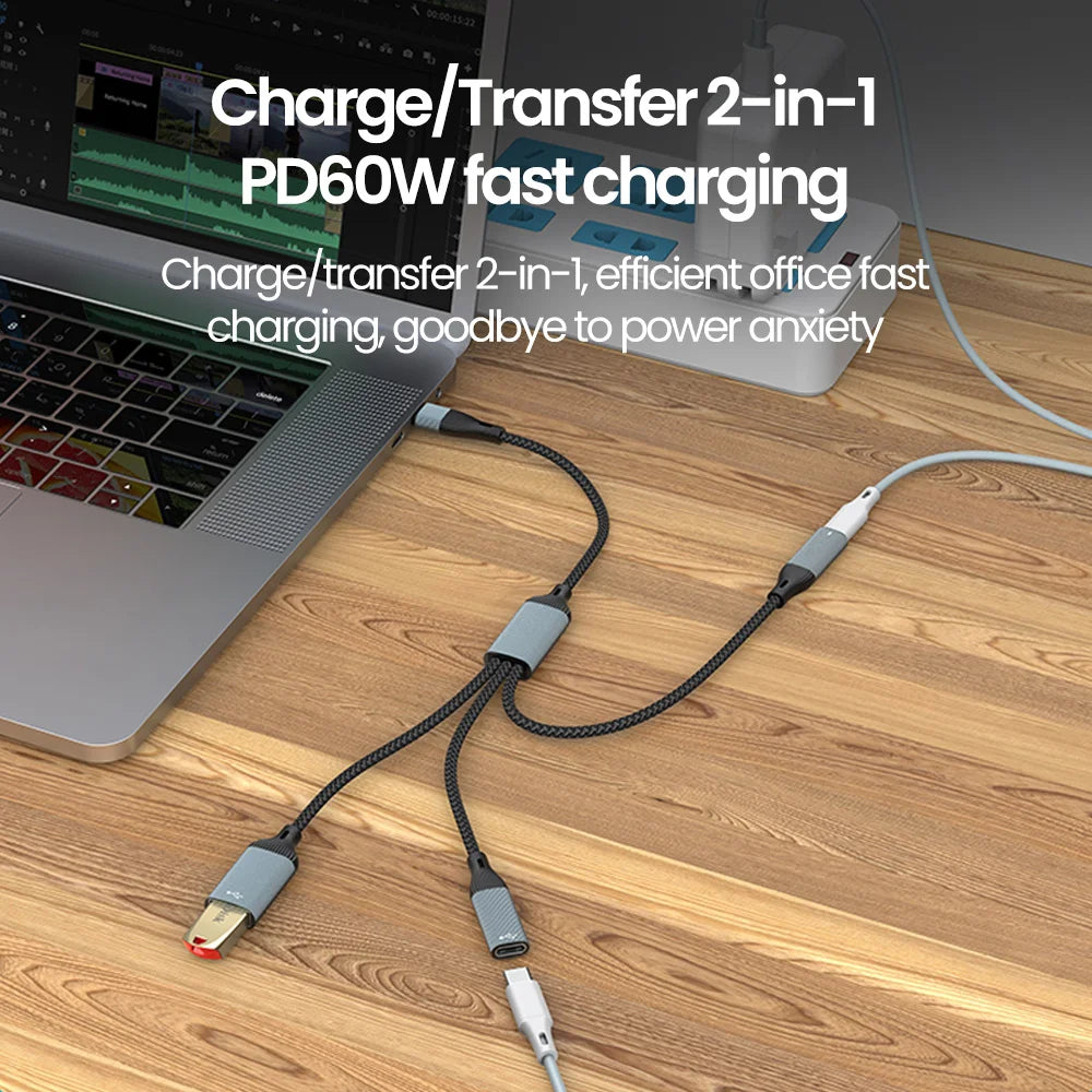 PD 60W USB C Hub Cable - Multi Port Fast Charging + OTG Adapter (Type C Splitter)
