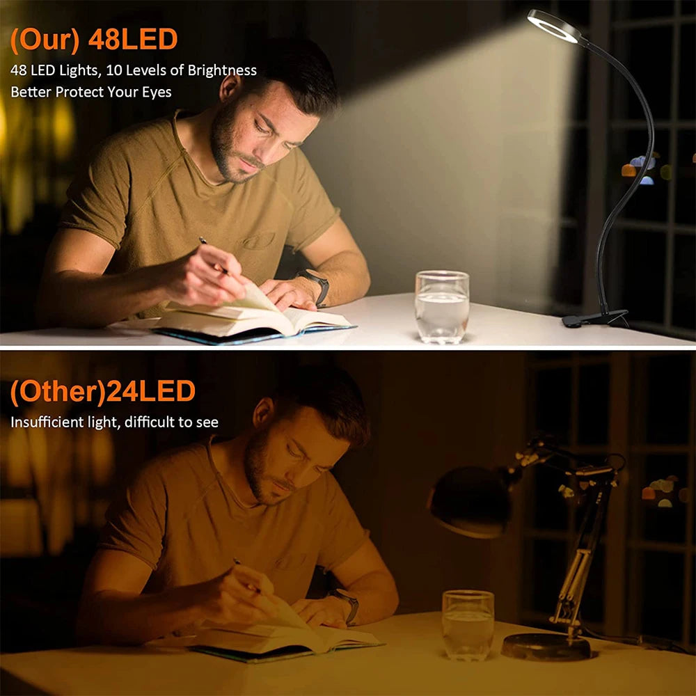 48 LED Clip-on Desk Lamp - 360° Gooseneck 3 Color Modes 10 Brightness Reading Light