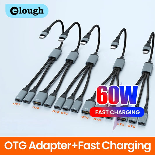 PD 60W USB C Hub Cable - Multi Port Fast Charging + OTG Adapter (Type C Splitter)